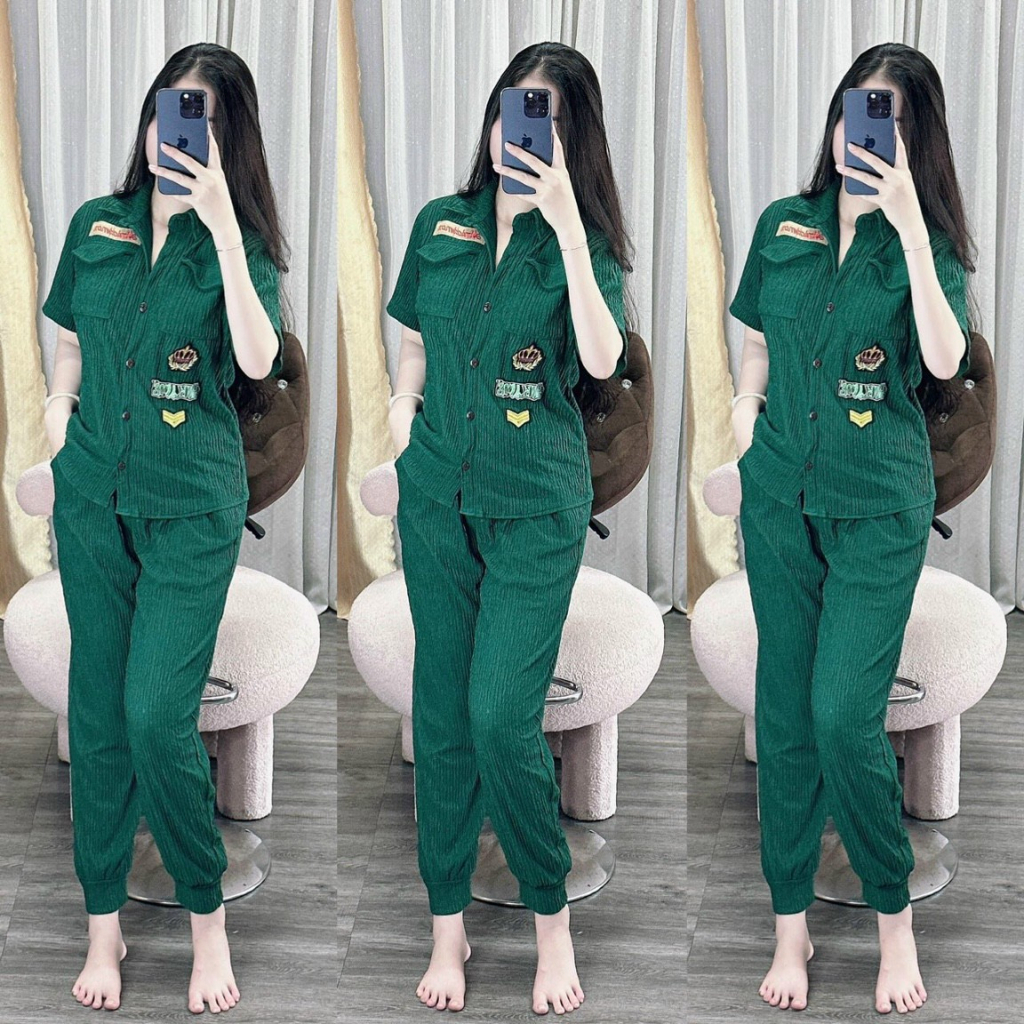 [5,5 Sales Freeship] Set bộ thun xốp siêu hot, set bộ quần dài ống túm phối áo sơ mi tay ngắn in họa tiết trẻ trung TH