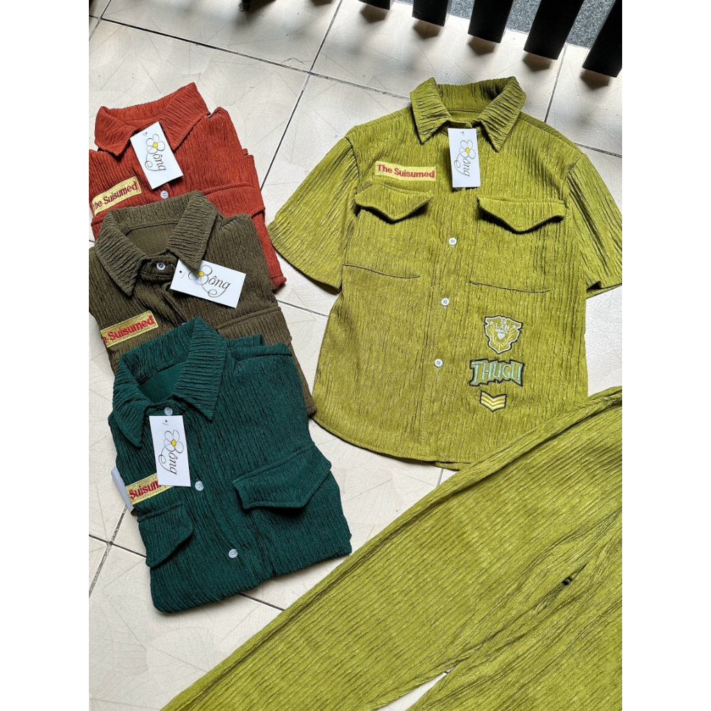 [5,5 Sales Freeship] Set bộ thun xốp siêu hot, set bộ quần dài ống túm phối áo sơ mi tay ngắn in họa tiết trẻ trung TH