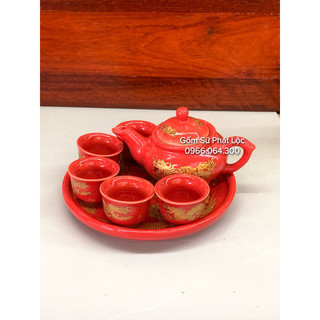 Bộ ấm chén màu đỏ mini thờ cúng