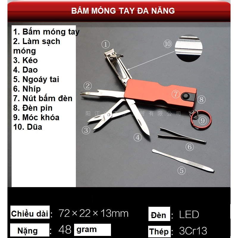 Bấm móng tay đa năng treo móc khóa có đèn pin