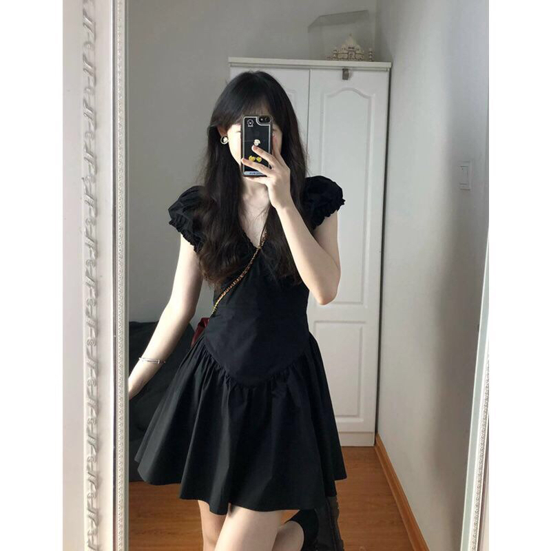 Đầm hở lưng cổ chữ V kéo khoá dáng xoè tay ngắn hàng quảng châu Yame clothing có bigsize