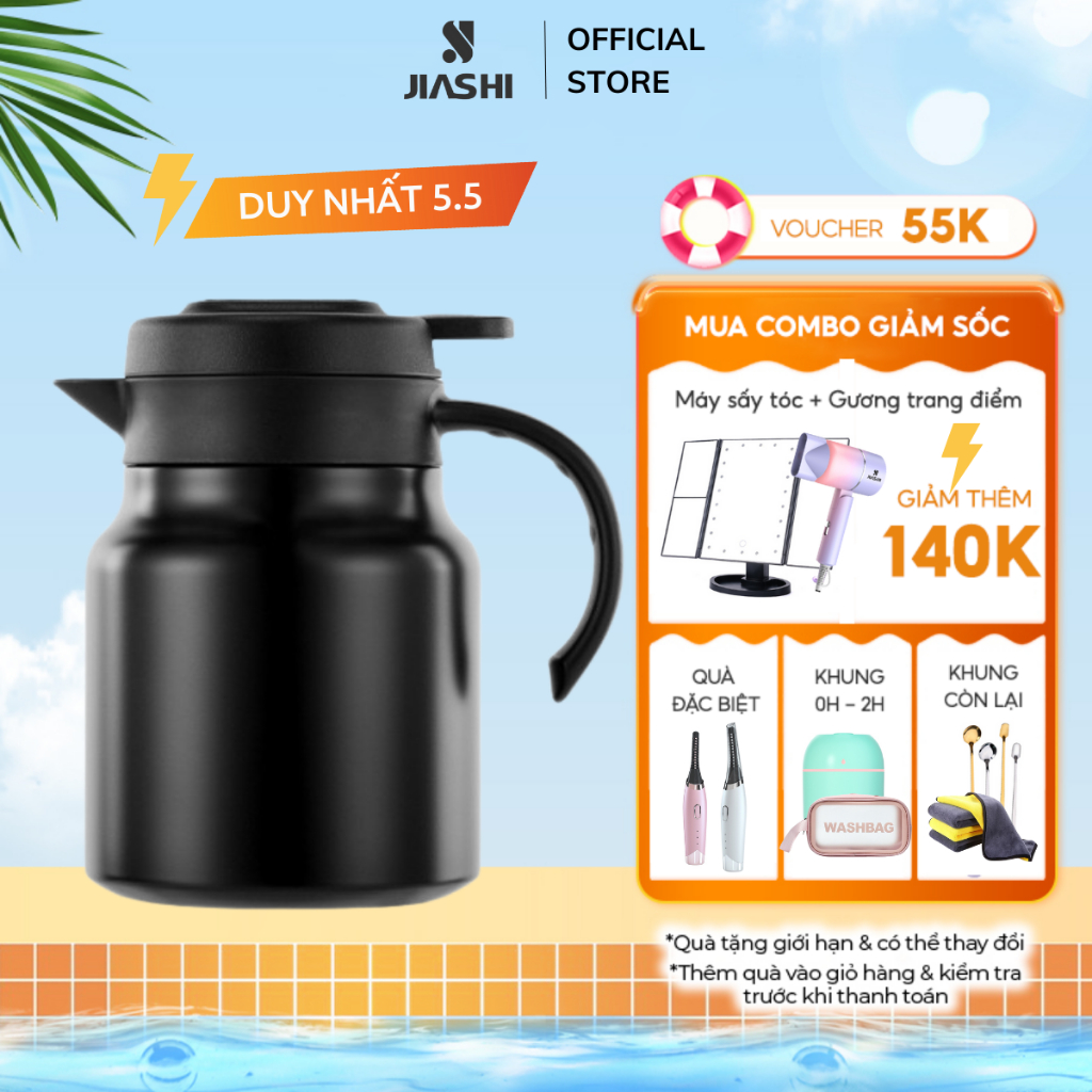 Ấm pha trà giữ nhiệt JIASHI có lõi lọc làm bằng thép không gỉ 2 lớp cách nhiệt dung tích 1000ml - APT01