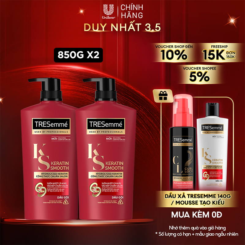 Combo 2 Dầu Gội TRESemmé Keratin Smooth Với Công Thức Hydrolyzed Keratin Vào Nếp Suôn Mượt 850g x2