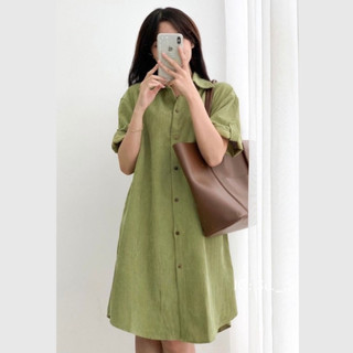 Váy sơ mi cộc tay gấp gấu vải nhung tăm, đầm suông dáng dài cổ đức nhiều màu