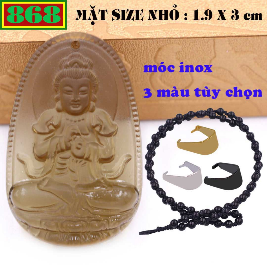 Mặt Phật Đại nhật như lai pha lê nâu 3 cm (size nhỏ) kèm vòng cổ hạt chuỗi đá đen + móc dây chuyền inox, Phật bản mệnh