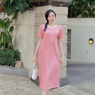 Đầm suông đi chơi Nhật Vy tay ngắn cổ tròn thêu hình gấu có túi chất thun sọc tăm phù hợp dạo phố cafe - D2722