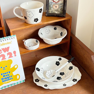 Set chén đũa bát đĩa muỗng sứ trắng hoa đen