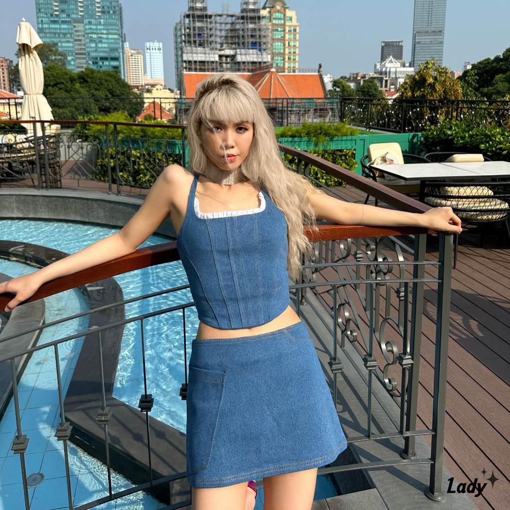 Áo hai dây jeans corset phối ren