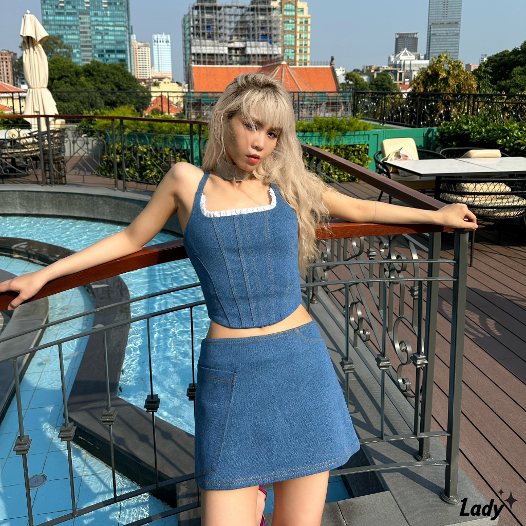 Áo hai dây jeans corset phối ren