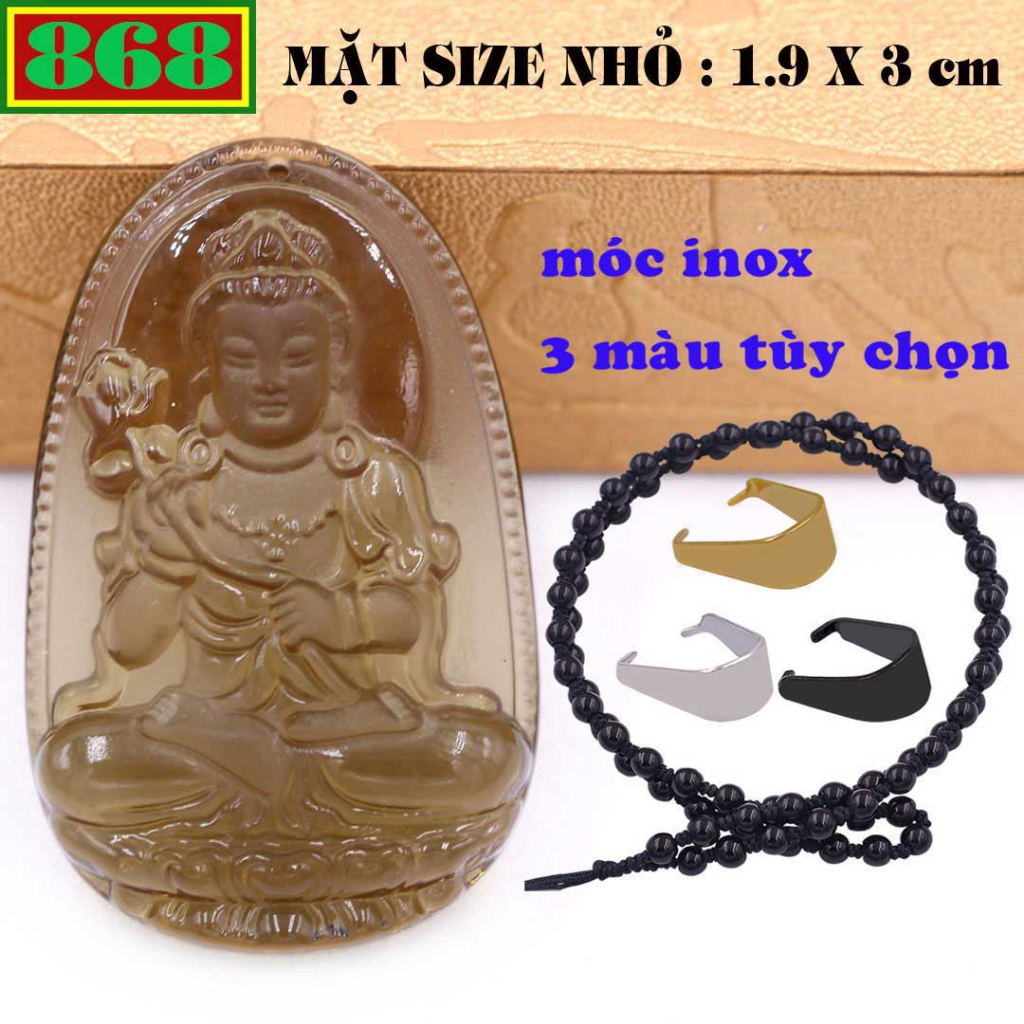 Mặt Phật Đại thế chí pha lê nâu 3 cm (size nhỏ) kèm vòng cổ hạt chuỗi đá đen + móc dây chuyền inox, Phật bản mệnh