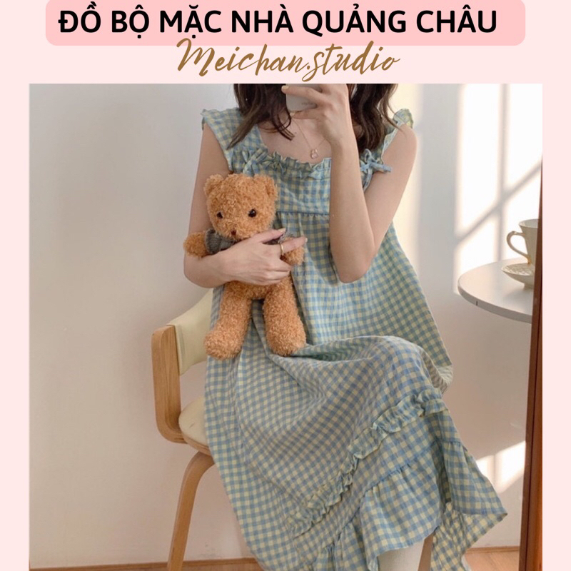 Váy Ngủ Sọc Caro Xanh Mint Viền Bèo Cực Xinh Quảng Châu