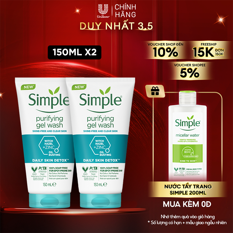 Combo 2 Sữa rửa mặt Simple giúp kiềm dầu và ngừa mụn hiệu quả - cho da dầu mụn 150ml/chai [CHÍNH HÃNG ĐỘC QUYỀN]