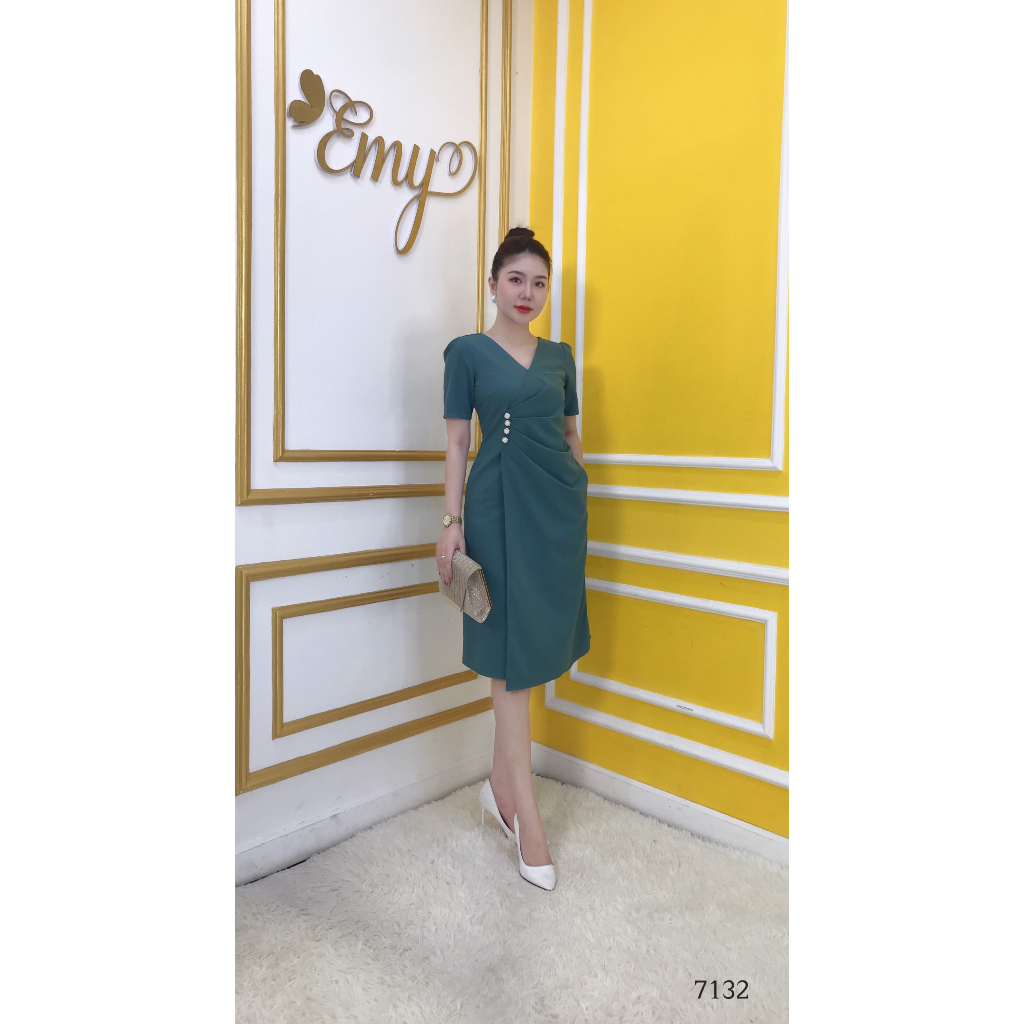Đầm EMY EM7132 Xoè Xanh Xêp PLy Eo