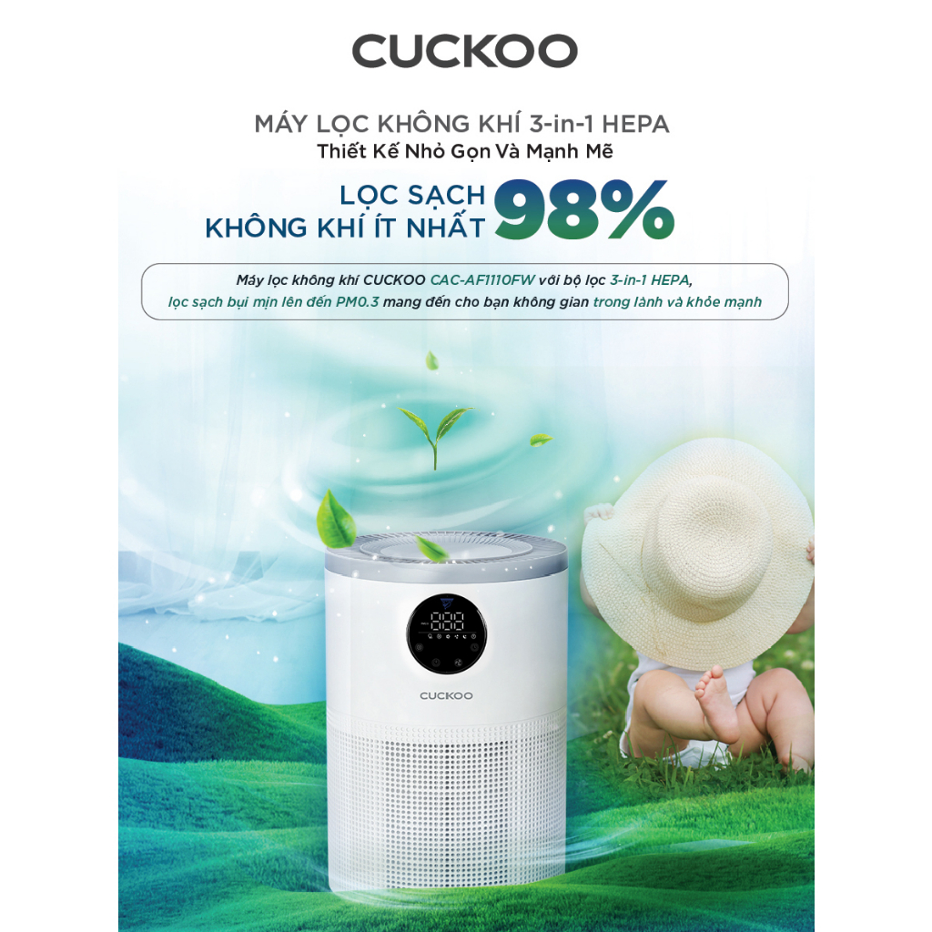 Máy lọc không khí Cuckoo 34m2 CAC-AF1110FW/WHCKV - 3 in 1 HEPA- lọc bụi mịn PMO.3- đèn cảnh báo chất lượng không khí