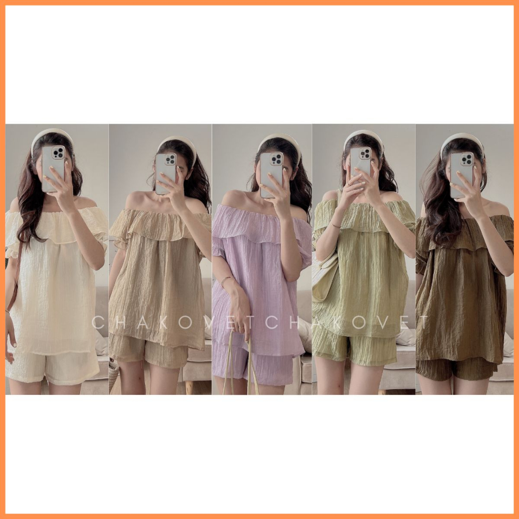 Set Áo Trễ Vai 2 Lớp Kèm Quần Sooc S8622 Áo Lớp Ngoài Tơ Nhăn Lớp Trong Lót Lụa Kèm Quần Cạp Chun Cực Thoáng Mát