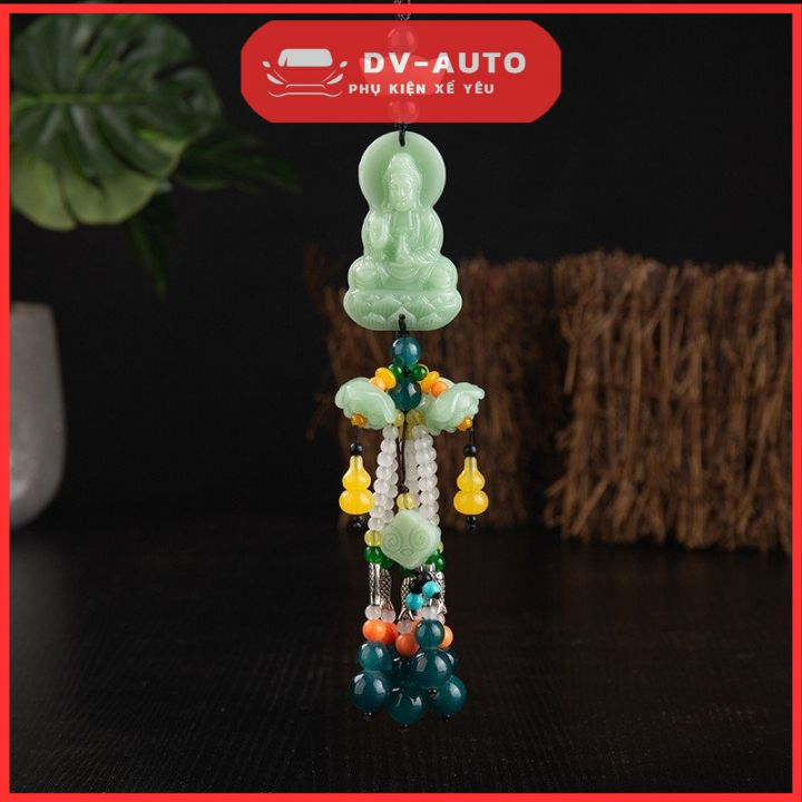 Khánh treo gương xe Quan Âm ngồi lá sen xanh trang trí Oto. Dây treo xe phong thủy by DV AUTO