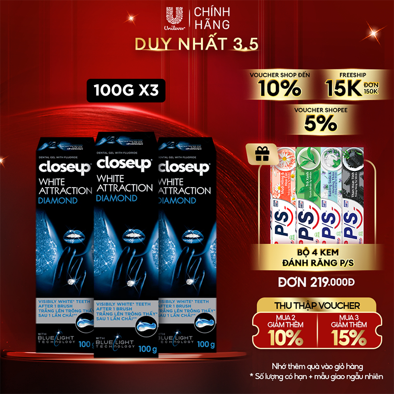 Combo 3 Kem Đánh Răng Closeup Dạng Gel Trắng Răng Diamond Attraction Ngay Sau 1 Lần Chải 100G/Tuýp