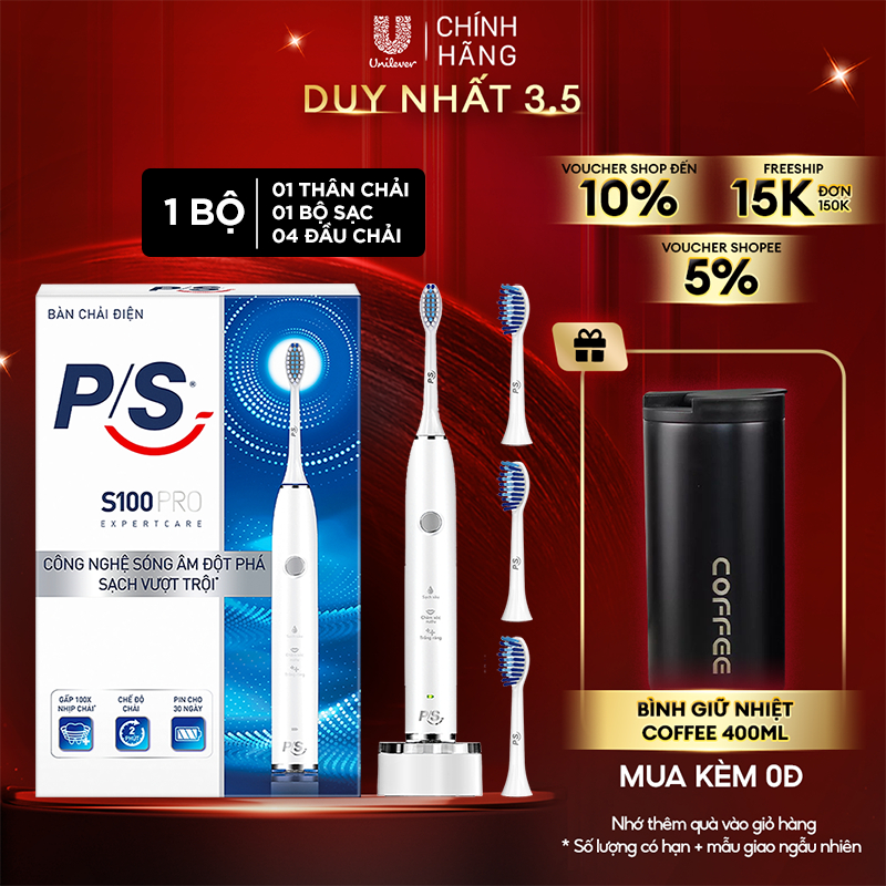 Bộ Bàn Chải Điện P/S S100 PRO màu trắng & Bộ 2 đầu chải thay thế Sạch Sâu