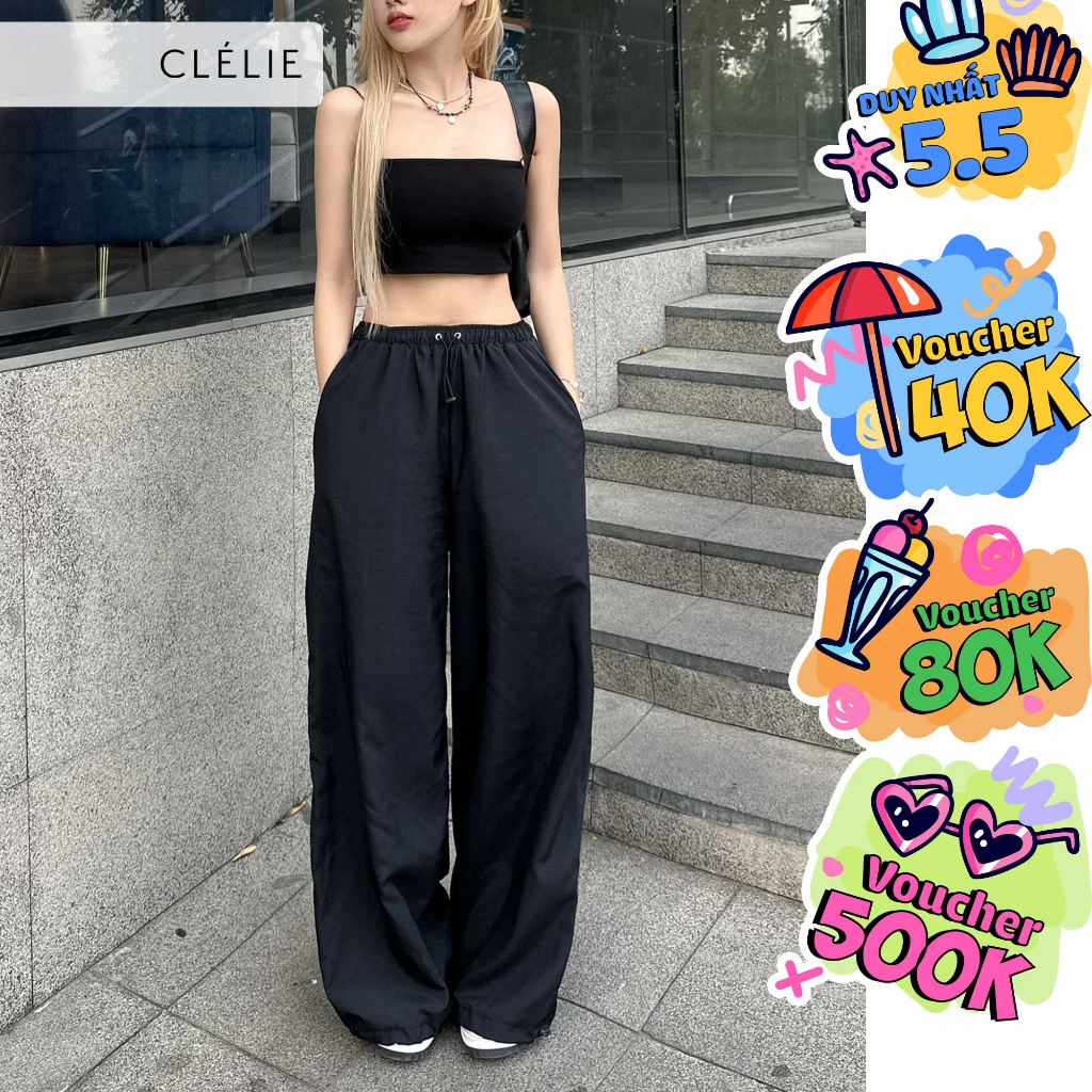 Quần dài ống rộng vải dù rút dây | W PANT - CLÉLIE