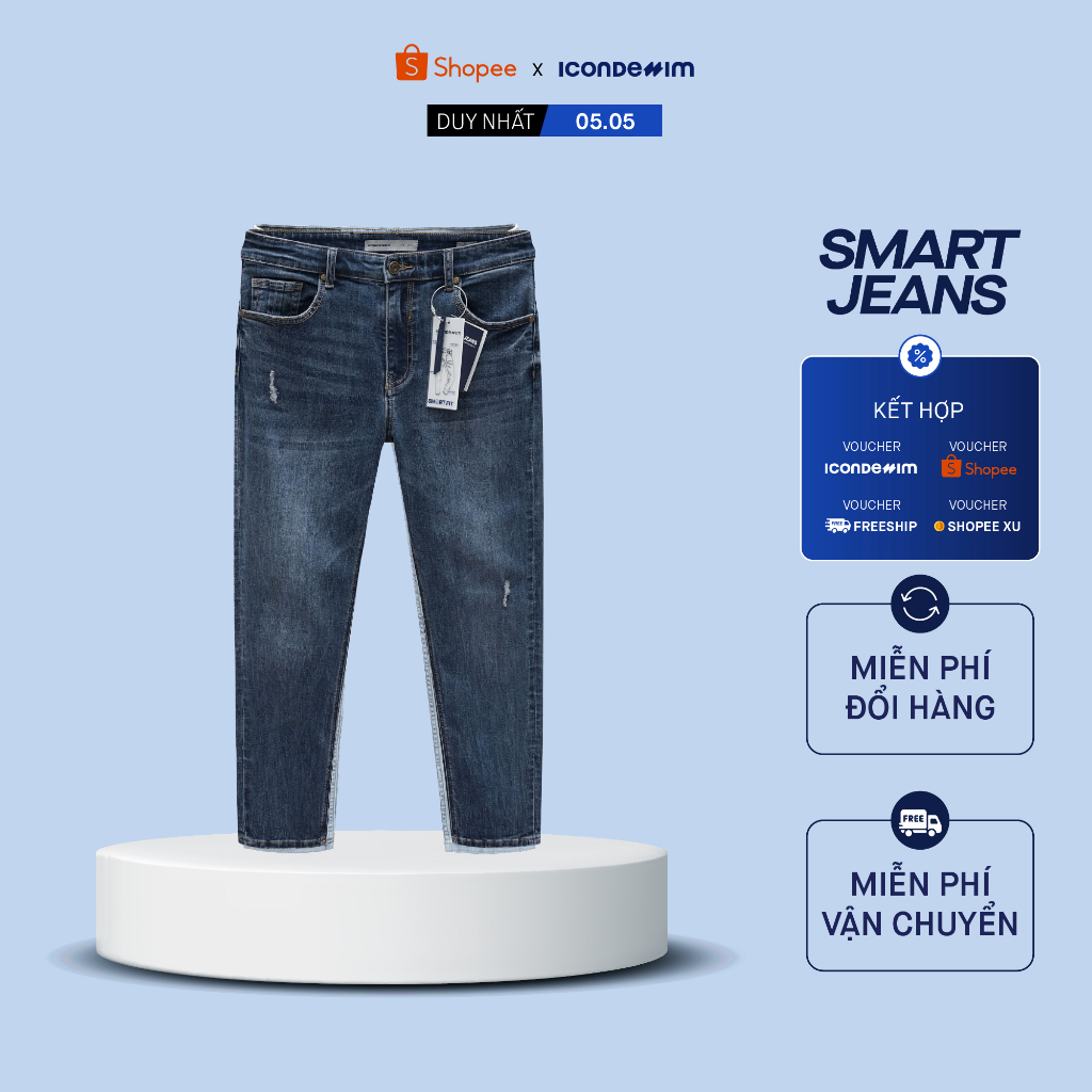 Quần Jean Nam Smart Jeans ICONDENIM Classic Blue Wash Co Dãn Trẻ Trung QJID0114