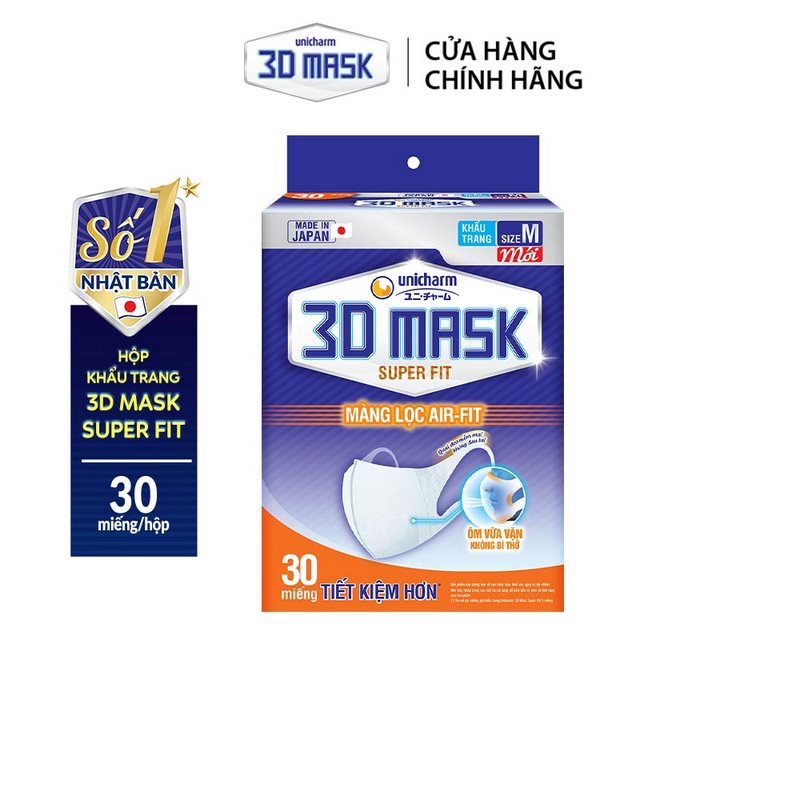 Hộp 30 Khẩu Trang Unicharm 3D Mask Ngăn Khói Bụi (Size M) - Khẩu Trang Unicharm Super Fit