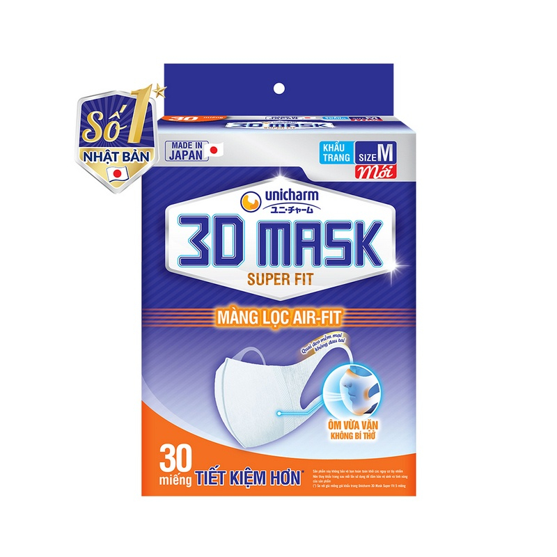 Hộp 30 Khẩu Trang Unicharm 3D Mask Ngăn Khói Bụi (Size M) - Khẩu Trang Unicharm Super Fit