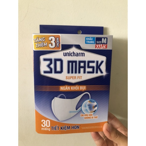 Hộp 30 Khẩu Trang Unicharm 3D Mask Ngăn Khói Bụi (Size M) - Khẩu Trang Unicharm Super Fit