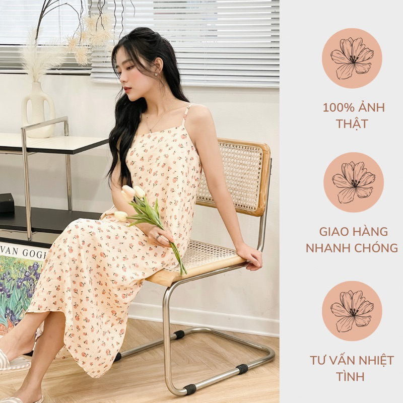 Váy hai dây hoa nhí dáng suông chất thô đũi hàn đi chơi đi biển