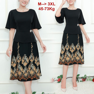 SHOPPRO – Đầm Xoè Trung Niên Tay Cánh Tiên Phối Phụ Kiện Thanh Lịch Quà Tặng Mẹ Bigsize 46-73kg 3330 3340 3370
