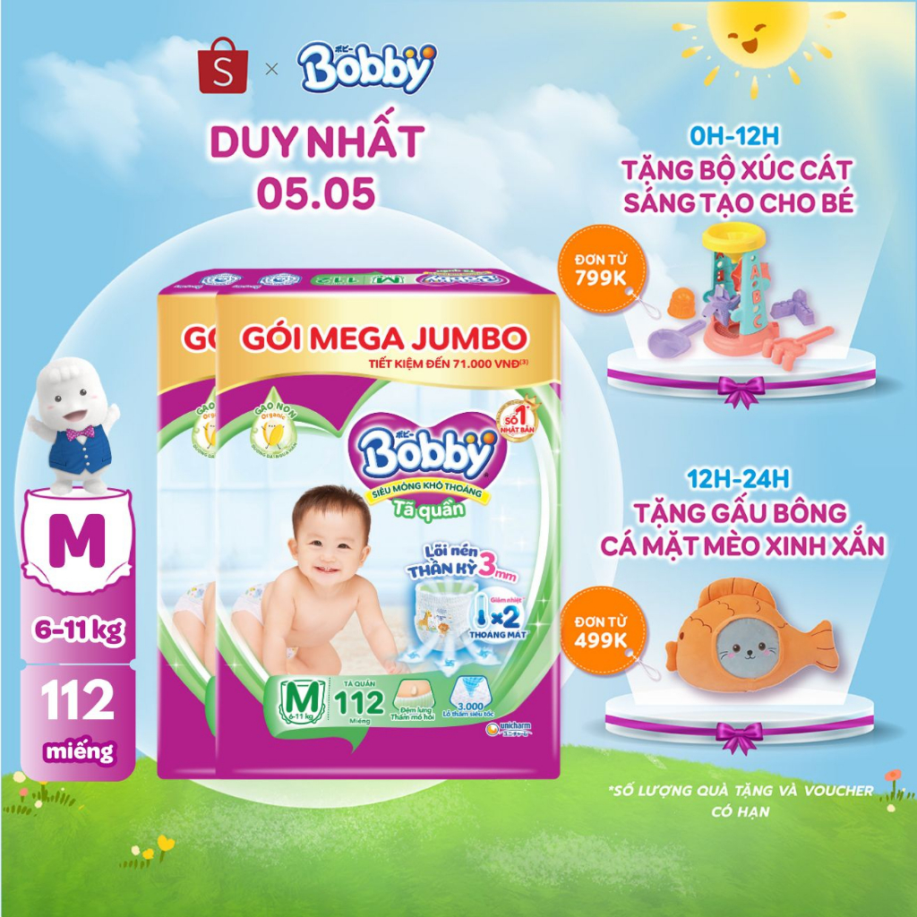 Combo 2 tã quần Bobby Lõi nén thần kỳ 3mm Gạo non Mega Jumbo M112/L96/XL84/XXL76