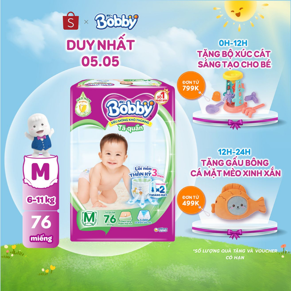 Tã quần Bobby Lõi nén thần kỳ 3mm Gạo non M76/L68/XL62/XXL56