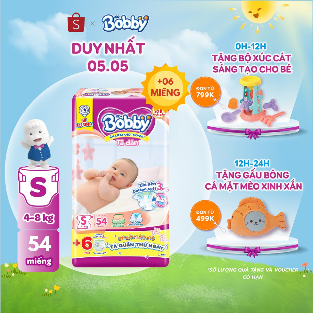 Tã dán Bobby lõi nén cotton-soft 3mm S54 - tặng 6 miếng tã quần size M