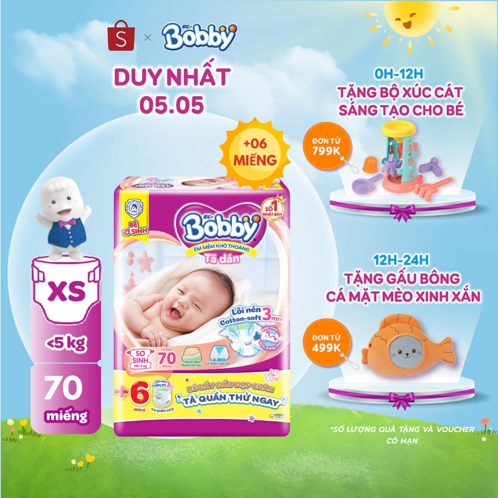 Tã dán Bobby lõi nén cotton-soft 3mm XS 70 miếng (tặng 6 miếng quần size S ngẫu nhiên)