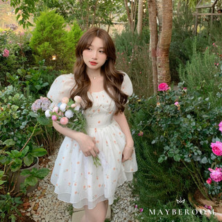 Váy voan hoa cam 3 tầng xoè a tay bồng chun co dãn xếp ly trước ngực tiểu thư Molly dress Mayberoom