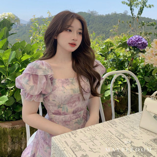 Váy voan hoa tím pastel dáng dài maxi cổ vuông tay bồng xẻ tà cổ tích Aurora dress Mayberoom