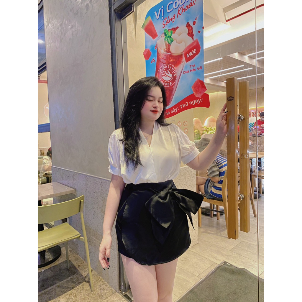 Đồ Bigsize Nữ Công Sở, Áo Sơ Mi Lụa Kèm Chân Váy Tafta Đính Nơ To Sang Chảnh Cho Nàng