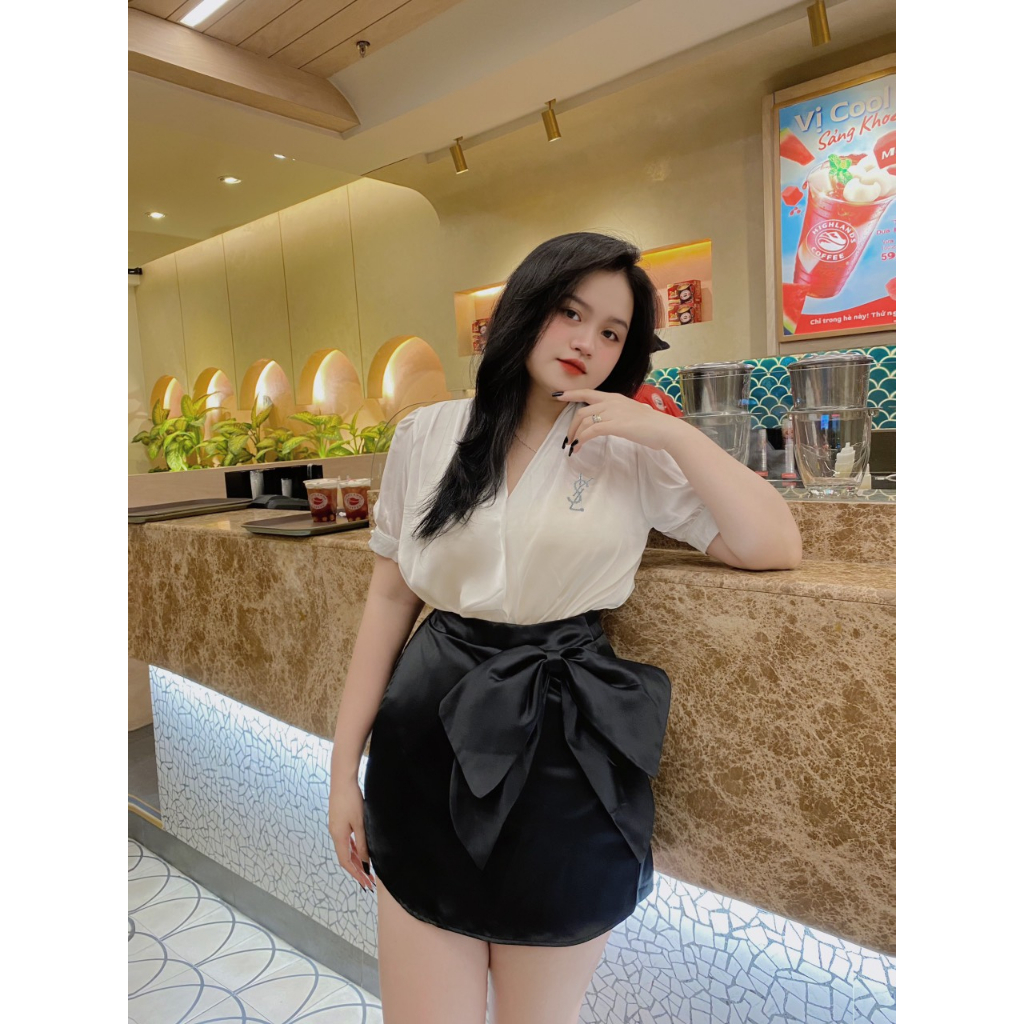 Đồ Bigsize Nữ Công Sở, Áo Sơ Mi Lụa Kèm Chân Váy Tafta Đính Nơ To Sang Chảnh Cho Nàng