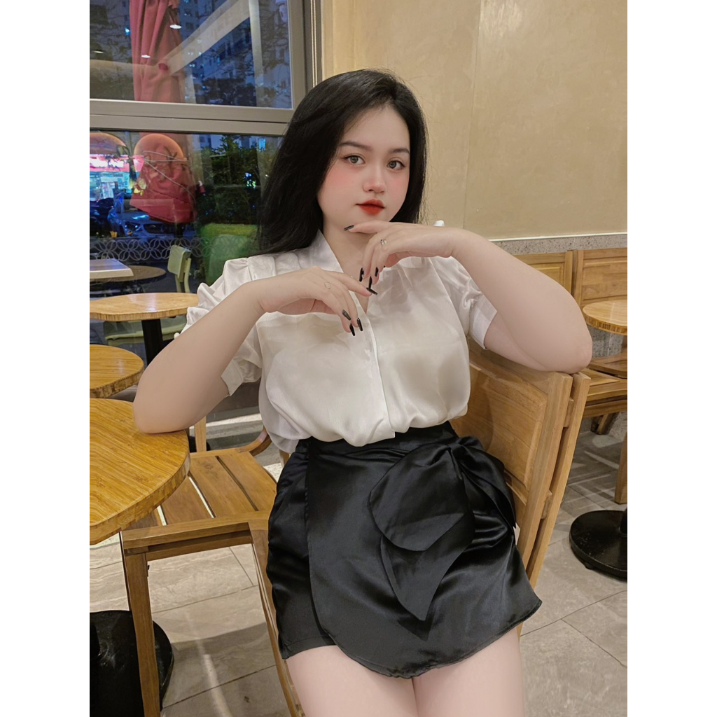 Đồ Bigsize Nữ Công Sở, Áo Sơ Mi Lụa Kèm Chân Váy Tafta Đính Nơ To Sang Chảnh Cho Nàng