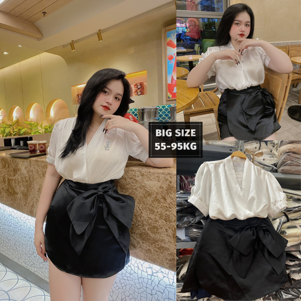 Đồ Bigsize Nữ Công Sở, Áo Sơ Mi Lụa Kèm Chân Váy Tafta Đính Nơ To Sang Chảnh Cho Nàng