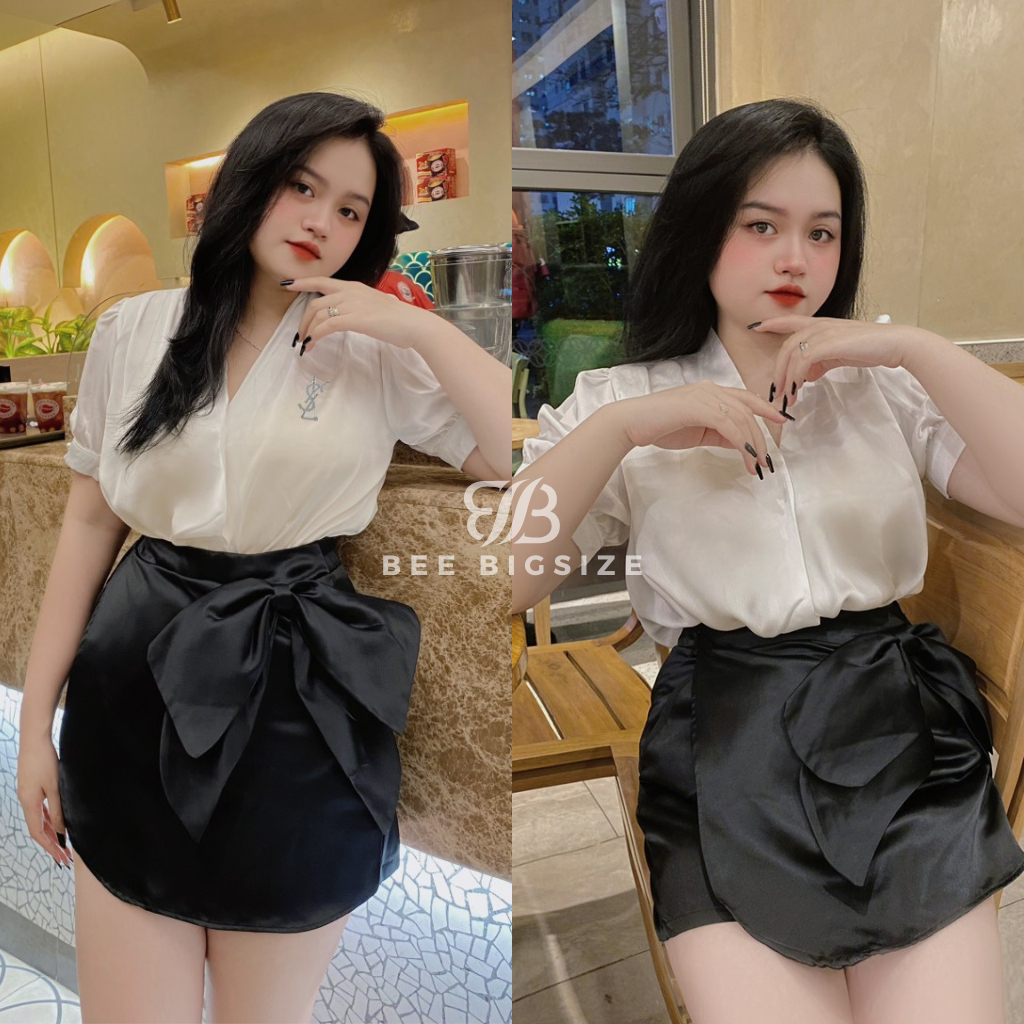 Đồ Bigsize Nữ Công Sở, Áo Sơ Mi Lụa Kèm Chân Váy Tafta Đính Nơ To Sang Chảnh Cho Nàng