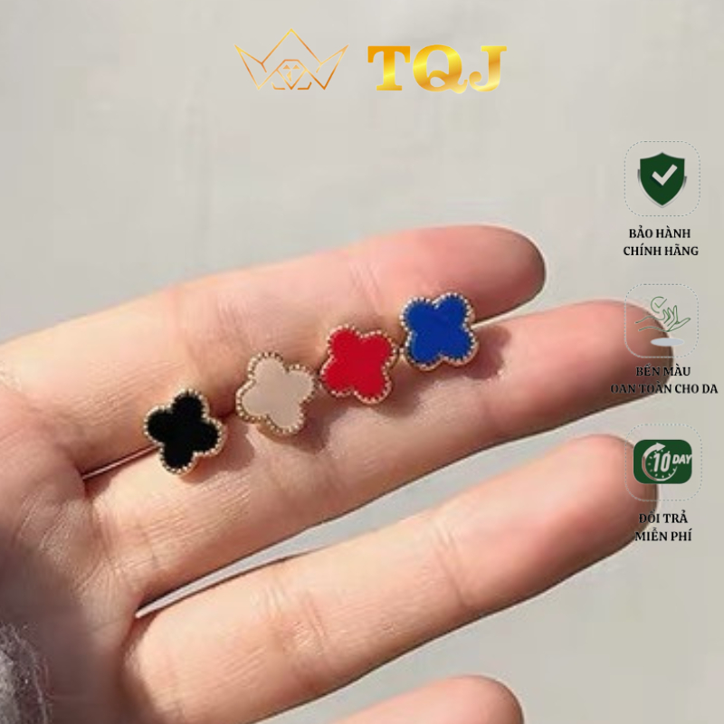 Khuyên Tai Bạc TQJ-KE33 Bông Tai Thiết Kế Hình Cỏ Bốn Lá Đá Nhiều Màu Cao Cấp