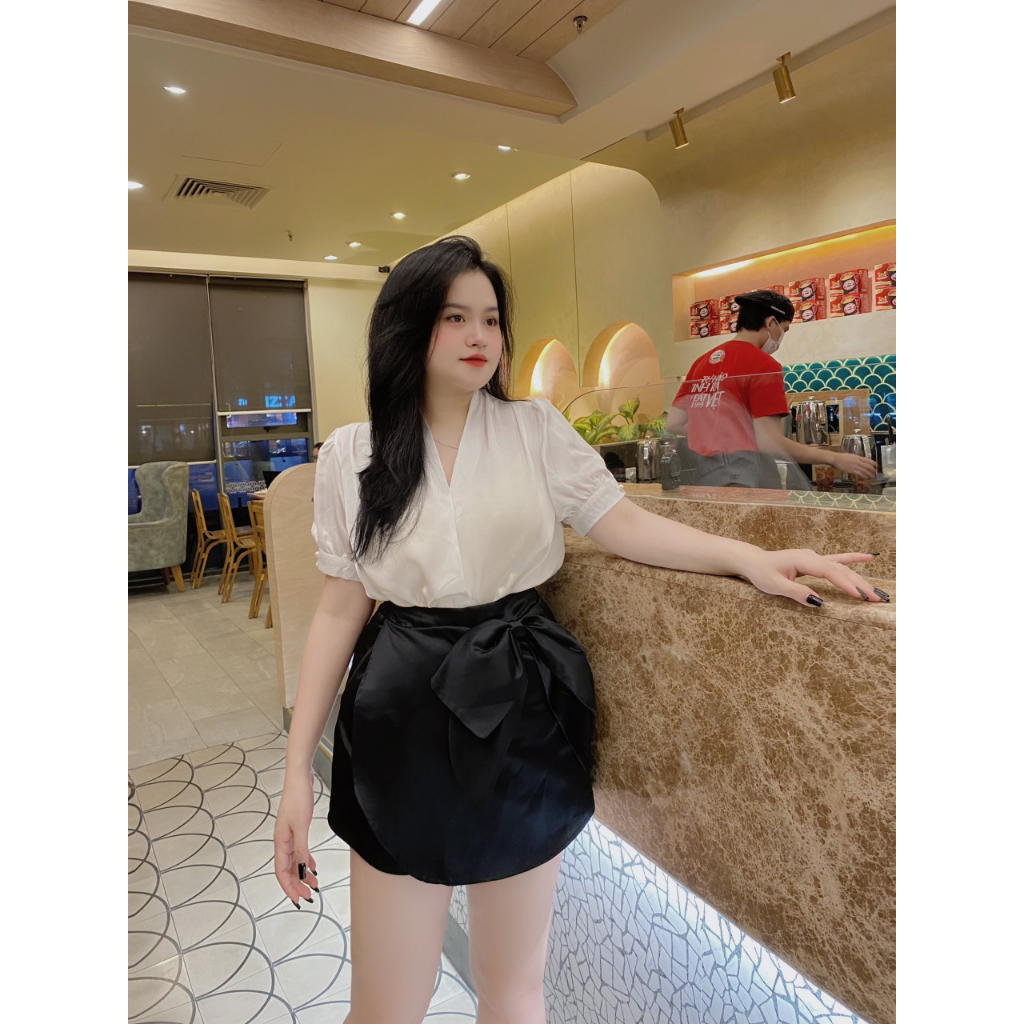 Đồ Bigsize Nữ Công Sở, Áo Sơ Mi Lụa Kèm Chân Váy Tafta Đính Nơ To Sang Chảnh Cho Nàng