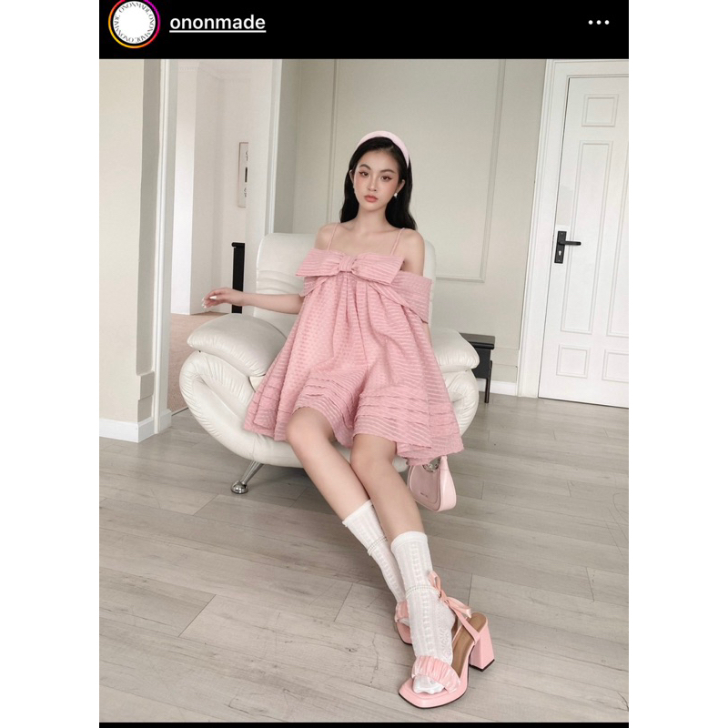 Melen pink dress ononmade đầm hồng trễ vai nơ