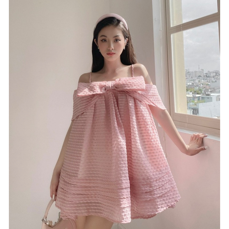 Melen pink dress ononmade đầm hồng trễ vai nơ