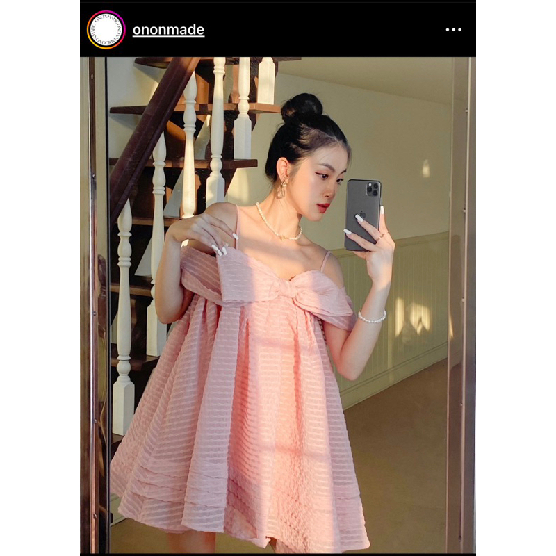 Melen pink dress ononmade đầm hồng trễ vai nơ