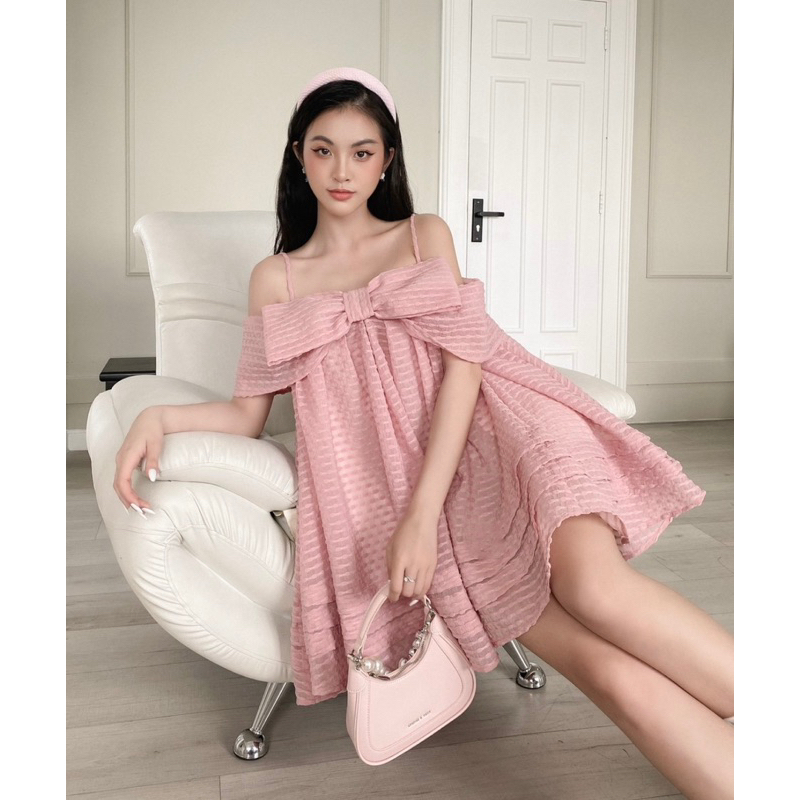 Melen pink dress ononmade đầm hồng trễ vai nơ
