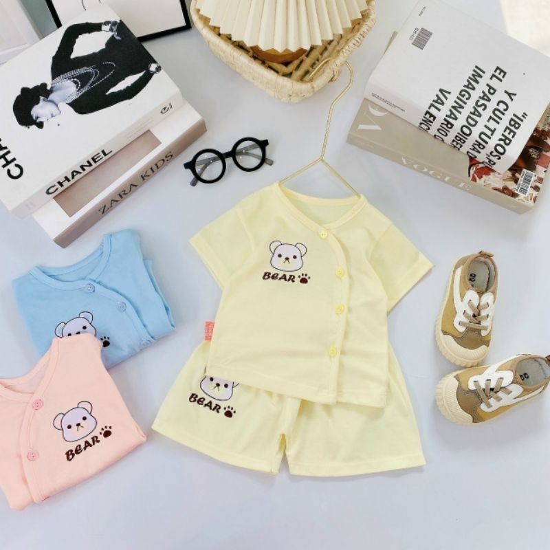 Bộ Quần Áo Cotton Cộc Tay Cúc Lệch Gấu Thỏ Cho Bé 3-8Kg