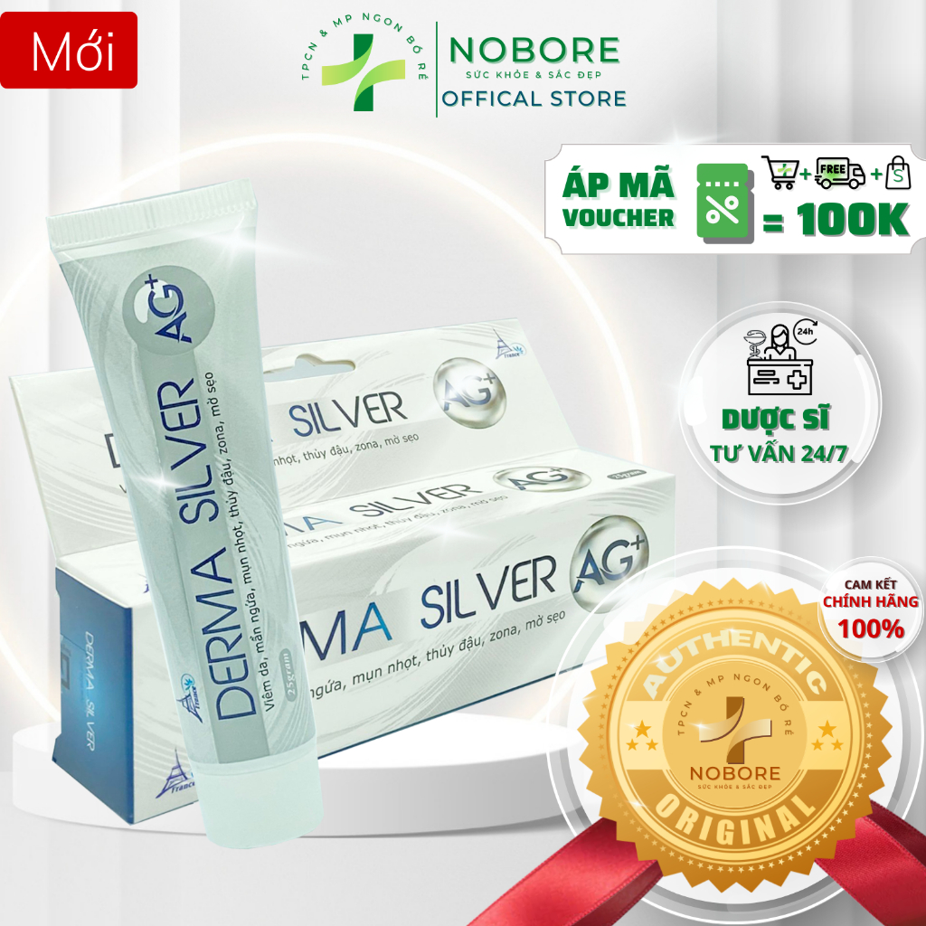 Derma Silver - Tinh thể Nano Bạc Hỗ Trợ Làm Giảm Viêm Da, Mẩn Ngứa, Mụn Nhọt, Thủy Đậu, Zona Tuýp 25gr | NOBORE