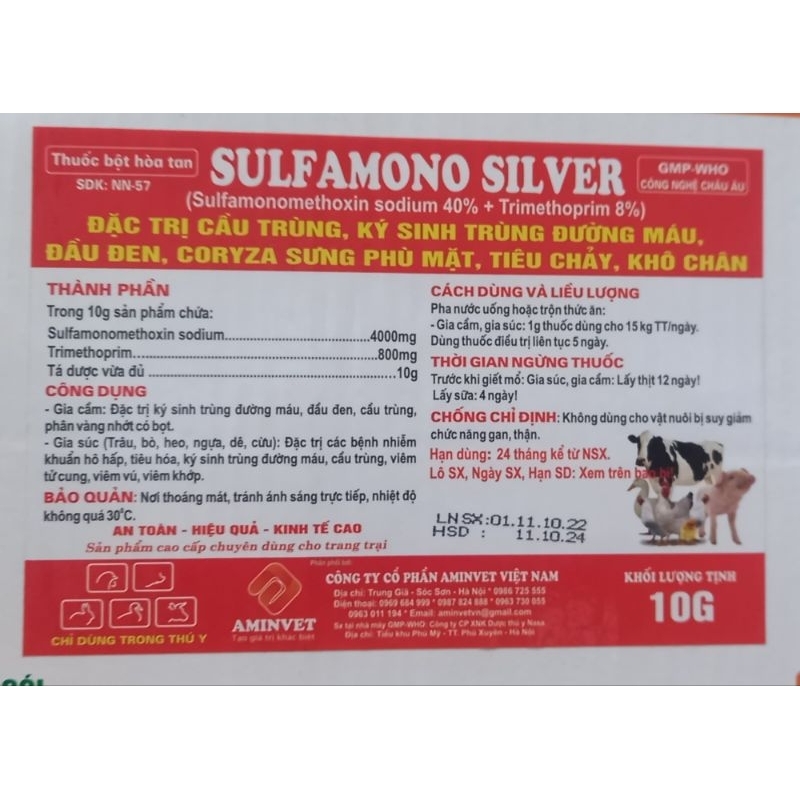 10gr Sulfamono: Đ.T cầu trùng,kstđm,đầu đen trên gà vịt ngan lợn