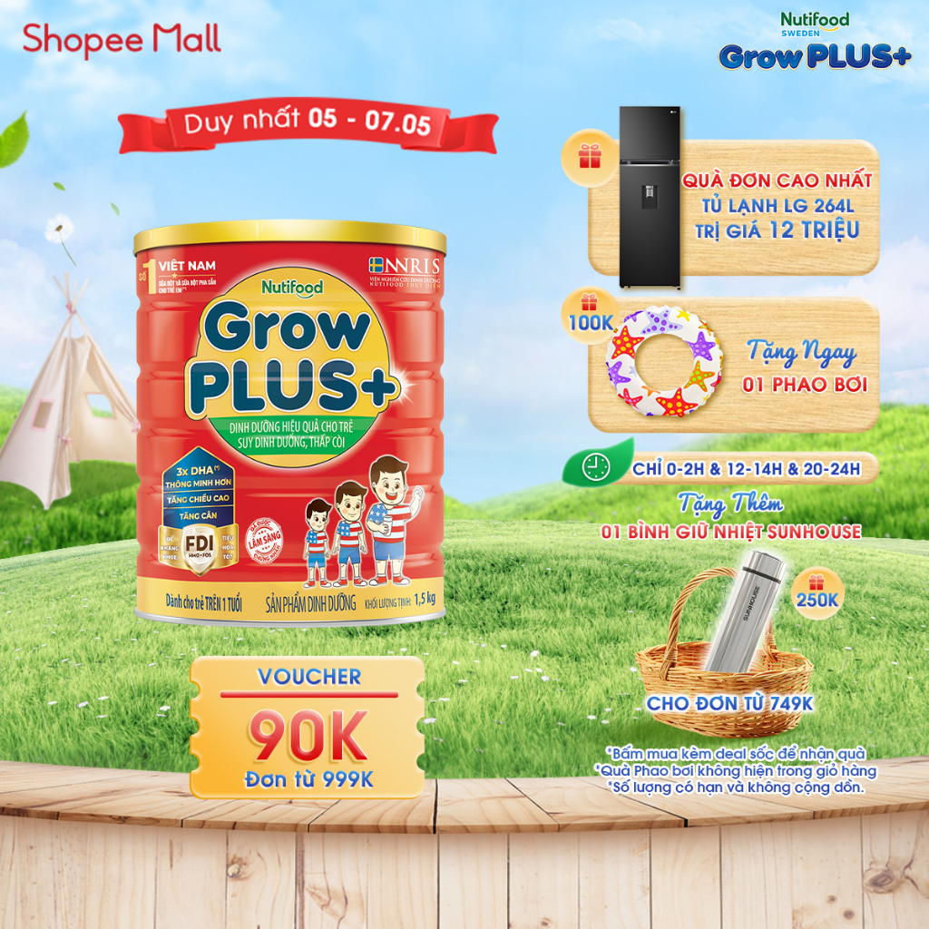 Sữa Bột Nutifood GrowPLUS+ Suy Dinh Dưỡng 1.5kg - Trên 1 Tuổi - Tăng Cân, Tăng Chiều Cao (Lon 1.5kg)